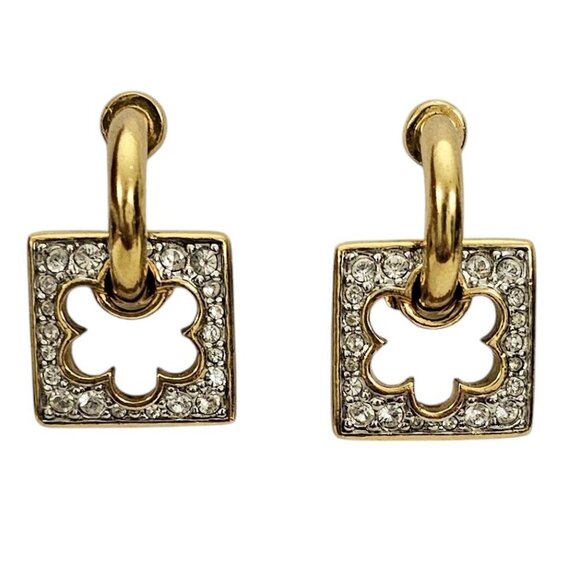Swarovski Clear Rhinestone Square Flower Shape Dangle Clip Earrings, Signed L805 - Picture 1 of 9